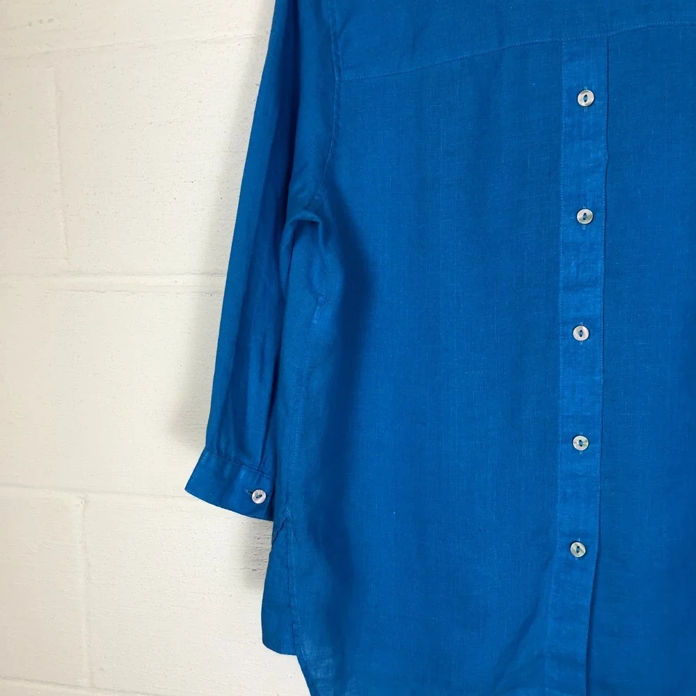 Chico's Womens 100% Linen Button Back‎ Popover Top Size 8 Blue Vacation Resort